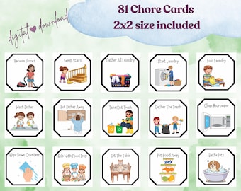Afdrukbare set kaarten visuele karwei, dagelijkse routine voor kinderen (digitale download, 2 x 2 inch, 81 kaarten)
