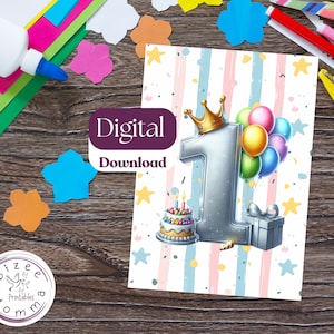 First Birthday Card Printable Birthday Card for One Year Old Birthday Card for 1st Birthday First birthday Card for Kids