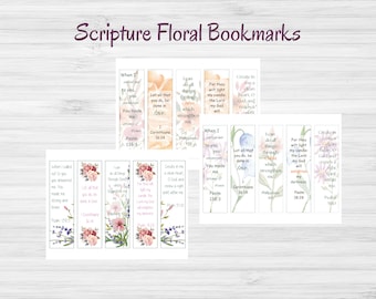 May include: A set of eight floral bookmarks with watercolor designs and inspirational bible verses. The bookmarks feature a variety of flowers in shades of pink, blue, and green.