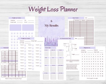 May include: A printable weight loss planner with a purple floral design. The planner includes sections for tracking weight, measurements, steps, and goals. It also includes a section for recording daily measurements and a chart for tracking weight loss in kilograms.
