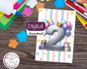 Puede incluir: Una descarga digital imprimible para una fiesta de segundo cumpleaños. El diseño presenta un número dos plateado con una corona, globos y un pastel de cumpleaños. El fondo es un patrón de rayas rosa y azul con estrellas blancas.