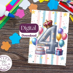 Biglietto di auguri per il quarto compleanno per bambini Biglietto di auguri per il quarto compleanno stampabile Buon 4° compleanno per bambini Biglietto di auguri per il quarto compleanno