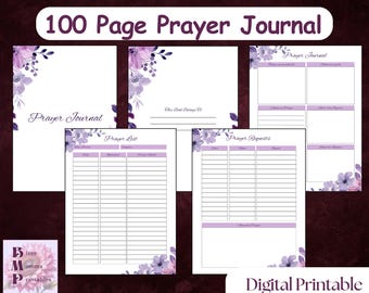 100 Page Prayer Journal Printable | Floral Bible Study Planner | Christian Prayer & Gratitude Journal PDF Download