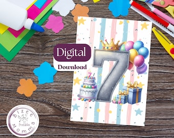 May include: A printable digital download for a 7th birthday party. The design features a large silver number 7, a cake with candles, presents, and balloons. The background is a pink and blue striped pattern with white stars.