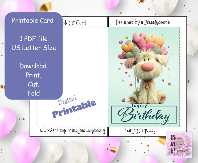 Puppy Birthday Card | Kids Birthday | Dog With Balloons (PDF Printable ...