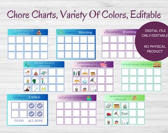 May include: A set of printable chore charts for kids. The charts are colorfully designed with different themes, including "Kitchen Clean Up", "Outside Clean Up", "Living Room Clean Up", "Let's Get Ready For School", "Let's Pack Your Bag", and "Bedroom Clean Up". Each chart has a checklist with boxes to check off as tasks are completed. The charts are editable and can be customized to fit the needs of any family.