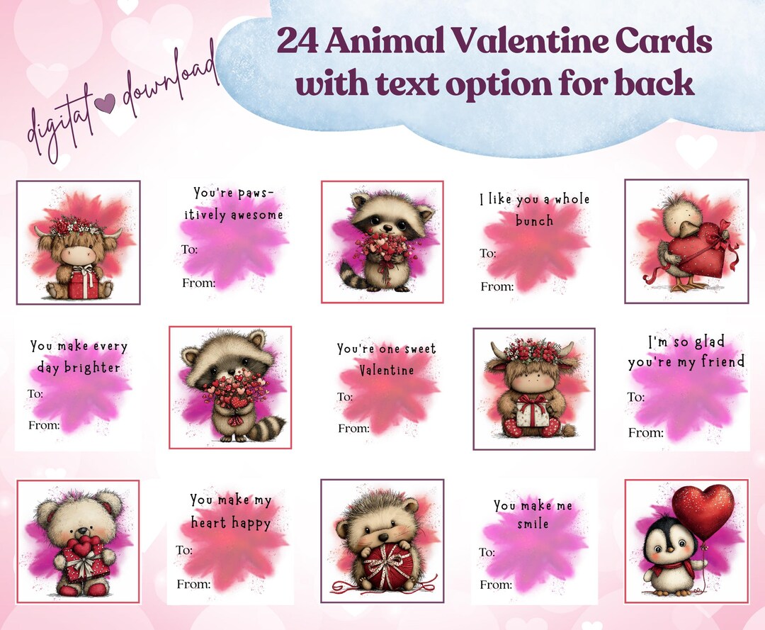 Animal Valentine Cards for Kids | 24 Printable Classroom Valentines ...