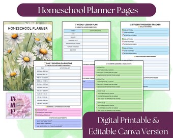 Homeschool Planner Printable | 15-Page Homeschool Planning Pack | Editable Canva Homeschool Organizer | Lesson Plans, Schedules & Trackers