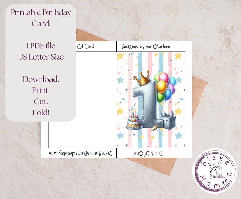 First Birthday Card Printable Birthday Card for One Year Old Birthday ...
