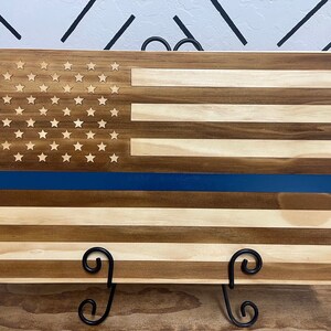 Laser Engraved Wood American Flag: Thin Blue Line, Personalized
