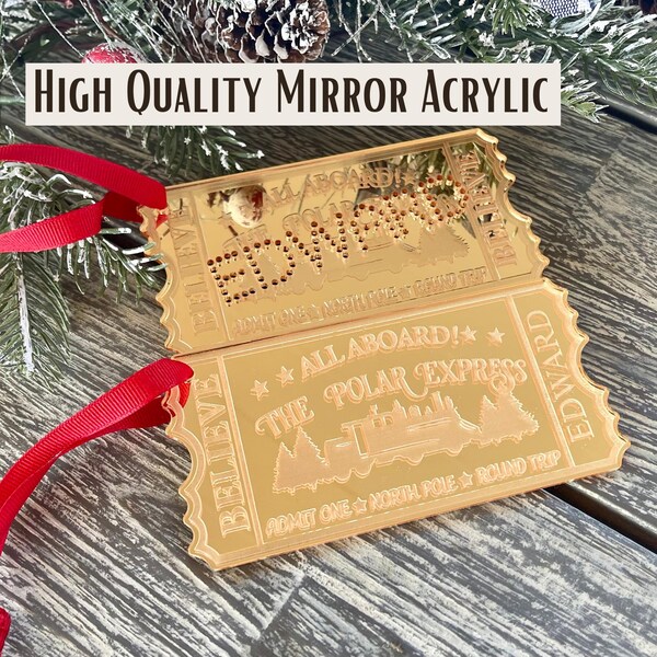 Adorno personalizado del Expreso Polar, billete de tren de acrílico dorado, etiqueta navideña