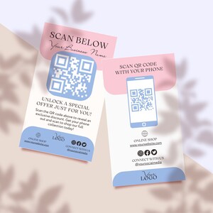 May include: A blue and pink promotional card with a QR code. The card says "Scan Below" and "Unlock a Special Offer Just for You!" and includes a website address and social media handles.