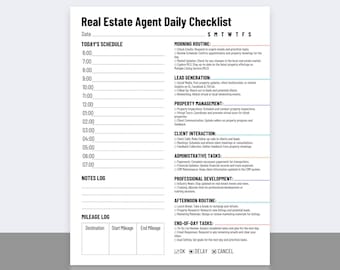 May include: A black and white checklist for real estate agents. The checklist includes sections for today's schedule, morning routine, lead generation, property management, client interaction, administrative tasks, professional development, afternoon routine, end-of-day tasks, and mileage log. The checklist also includes a notes log section.