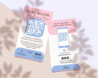 Custom QR Code Sign Design, Scan QR Code Template, Printable Scan to Shop Poster, Feminine Pastel Pink Blue URL Code Flyer, Instant Access