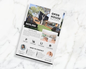 May include: Open house real estate flyer with a photo of a modern home and a price of $650,000. The flyer lists the home's features, including 4,300 square feet, 3 bedrooms, 2 bathrooms, and a 2-car garage. It also includes contact information for a loan officer and a real estate agent.
