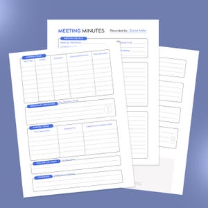 Op de afbeelding: Een printbare vergaderverslag sjabloon met secties voor agendapunten, belangrijke beslissingen, toegewezen taken, follow-up items en feedback. De sjabloon is ontworpen om vergaderdetails en resultaten vast te leggen.