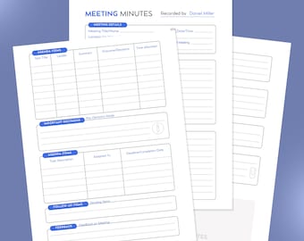 Puede incluir: Una plantilla de actas de reunión imprimible con secciones para los puntos del orden del día, las decisiones importantes, las tareas asignadas, los elementos de seguimiento y los comentarios. La plantilla está diseñada para registrar los detalles y los resultados de la reunión.