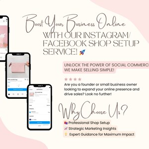 May include: A pink and white graphic with the text "Boost Your Business Online" and "Unlock the Power of Social Commerce - We Make Selling Simple!"  The graphic also includes a rocket emoji and a five-star rating.  The graphic also includes the text "Why Choose Us?" with three bullet points: "Professional Shop Setup", "Strategic Marketing Insights", and "Expert Guidance for Maximum Impact".