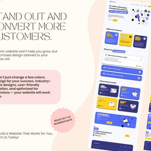 May include: A website design service advertises its services with the tagline "Stand Out and Convert More Customers." The ad features a website mockup with a blue and yellow color scheme and a megaphone icon. The text "Ready in 7-14 Business Days" is highlighted in a pink circle.