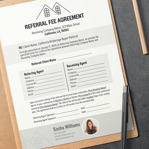 May include: A black and white referral fee agreement form with a gray background. The form includes the title "Referral Fee Agreement" and the text "Receiving Company Name, 123 Main Street, California, LA, 19384". The form also includes the text "RE: Client Name, California Brokerage Buyer Referral" and the text "Formally presented on January 17, 2024, by Referring Company Name, we provide the specified terms for a referral fee agreement between Referring Company Name and Receiving Company Name."