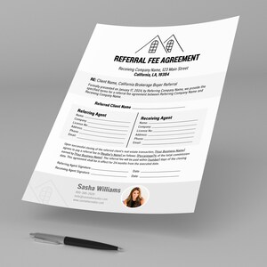 May include: A black and white referral fee agreement form with the title "Referral Fee Agreement" and the text "Receiving Company Name, 123 Main Street, California, LA, 19384". The form includes sections for the referring agent and receiving agent, with fields for their names, company, license number, address, phone number, and email address. The form also includes a section for the referred client's name and a signature line for both the referring agent and receiving agent.