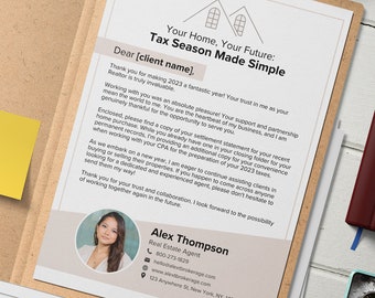 May include: A letter from a real estate agent, Alex Thompson, with the text "Your Home, Your Future: Tax Season Made Simple." The letter is in a brown folder and includes contact information and a photo of the agent.