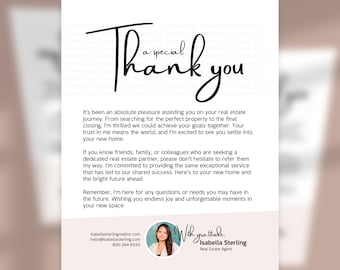 May include: A thank you card with a handwritten message expressing gratitude for a successful real estate transaction. The card features a photo of a woman with a warm smile and the text "With gratitude, Isabella Sterling, Real Estate Agent".