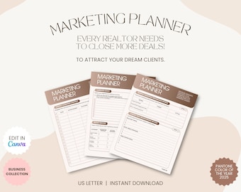 May include: Three printable marketing planner pages for realtors. The pages are titled "Marketing Planner" and feature sections for "Completing Sales", "Business Tactics", and "Client Meet & Greet Information & Action". The pages are designed in a brown and white color scheme.