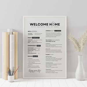 1-stronicowy szablon znaku powitalnego Airbnb| Przewodnik powitalny AirBnB| Znak z instrukcją wymeldowania wynajmu Airbnb| Zasady domu | Szablon znaku WIFI Airbnb