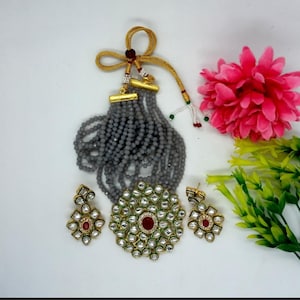 Grey Pendant Long Set/Rani Haar/Long Kundan Necklace Set/ Wedding Set/ Partywear Set