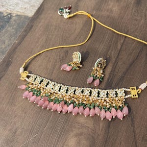 Pink Green Dainty Kundan Choker Necklace Set Simple Party Jewellery Indian Pakistani Wedding