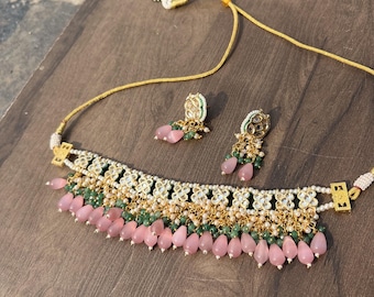Conjunto de gargantilla Kundan delicada de color rosa y verde, joyería sencilla para fiestas, bodas indias y pakistaníes.