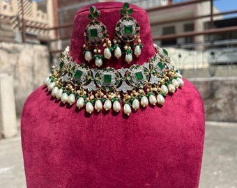 Emerald Green Kundan Necklace Set: Sabyasachi Inspired Pakistani Wedding Jewelry