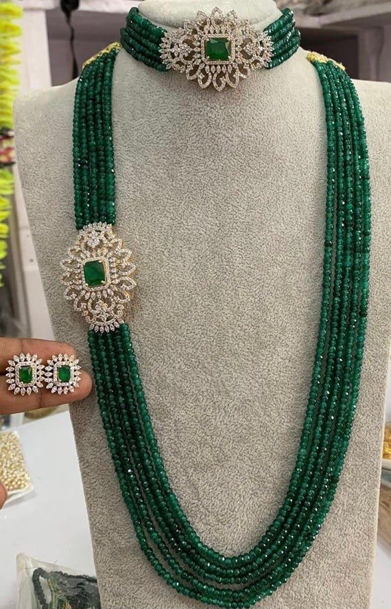 Indian Long Necklace Emerald Green Beads Rani Haar Mala Set  display picture 3