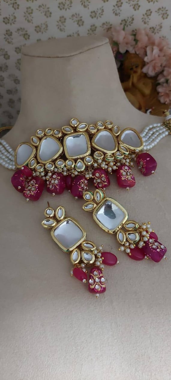 Indian Kundan Choker Necklace Earrings Set Red Green Pink Trendy Indian Jewellery