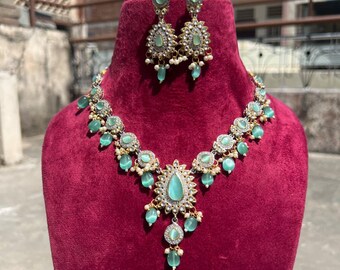 Turquoise Kundan Necklace Set, Sabyasachi Inspired Pakistani Wedding Jewelry