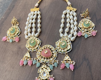 Conjunto de gargantilla Kundan de diseño inspirado en rosa, verde y azul / Joyería nupcial india pakistaní