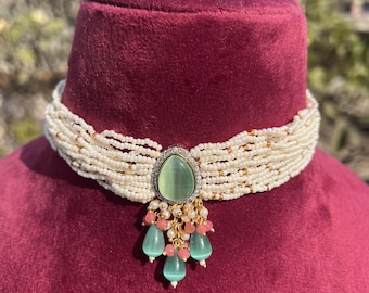 Gargantilla Kundan verde con cuentas de perlas / Joyería nupcial india pakistaní
