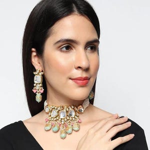 Pink Aqua Mint Green Kundan Choker Necklace Earrings Set Indian Wedding Party Pakistani Festive Jewelry