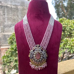 Long Pink Beaded Kundan Gold Plated Wedding Necklace With Earrings Rani Haar Bollywood Designer Set
