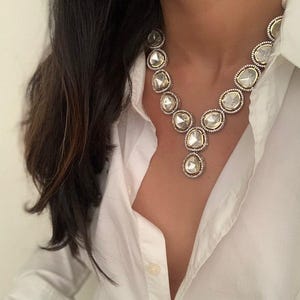 Sabyasachi Inspired Premium Victorian Single Layered Uncut Faux Moissanite Polki Kundan Doublet Diamond Long Necklace Set With Earrings