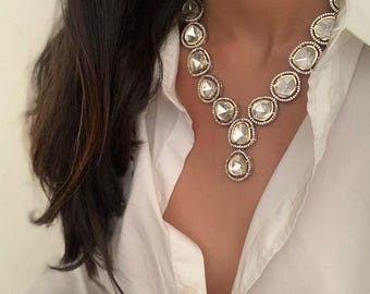 Kundan Polki Necklace Set, Faux Moissanite Diamond, Sabyasachi Inspired