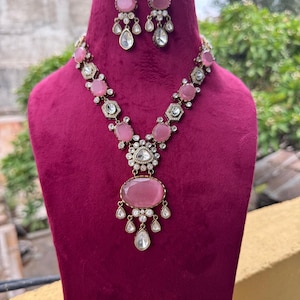 Long Pink Beaded Kundan Gold Plated Wedding Necklace With Earrings Rani Haar Bollywood Designer Set