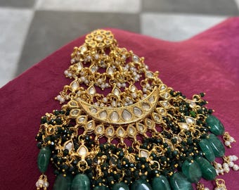 Emerald Green Kundan Passa, Gold Plated Indian Hair Jewelry