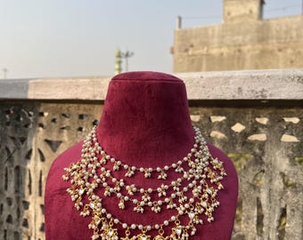 Gold Layered Kundan Pearl Rani Haar Necklace: Indian Wedding Jewelry
