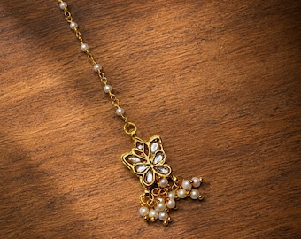 Kundan Polki Maang Tikka / Joyería nupcial de oro antiguo para el cabello / Tikka para la frente en bodas indias