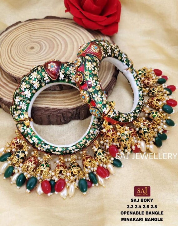 Gold Plated Kundan Meenakari and Pearls Pacheli Bangles for Women
