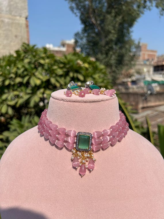 Pink Green Beaded Kundan Choker Set Women Girls Indian Party Wedding Jewellery
