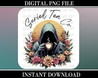 Puede incluir: Una ilustración digital de una figura encapuchada con una túnica oscura, sosteniendo una taza de té. La figura está rodeada de un arreglo floral con flores rosas, moradas y amarillas. El texto "Guriel Ten Co" está escrito en una fuente estilizada sobre la figura.