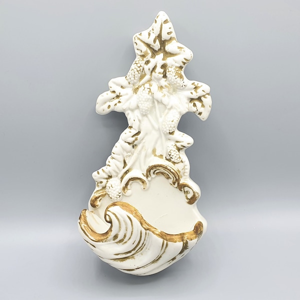 Porcelain Holy Water Font | Vintage Curiosity | White Gold Grapes | Religious Wall Decoration